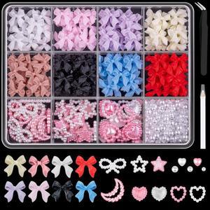 600피스 3D 네일 참과 플랫백 진주 펄 참 DIY 1, + 8가지 화이트 세트 2-4MM 보석 귀여운 하트 도구 포함 장식용 핑크&화이트 픽업 아트 스타 문 보우 색상