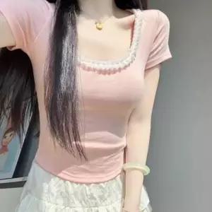 레이스 여리핏 여자반팔티셔츠 여자반팔면티 여름 크롭반팔티셔츠 여자반팔티