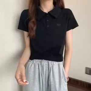 반팔카라티 자수티셔츠 반팔티셔츠 여자 세미 크롭 크롭티셔츠 캡소매반팔