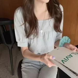 여름 빅사이즈반팔티 스퀘어넥 셔링 패션 체크 여성티셔츠 반팔 여름반팔