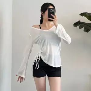 루즈핏 긴팔 티셔츠 스트링 셔링 커버업 운동복