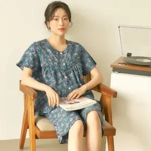 메이플라워 진한그린꽃 반팔 순면 여성 빅사이즈 잠옷 세트