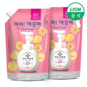 [라이온코리아]아이깨끗해 대용량 리필 1.8L 파우치 2개 손세정제 핸드워시 거품비누 (레몬/순)