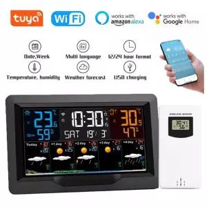 Tuya WIFI 스마트 기상 관측소 온도 습도 측정기 일기 예보 실내 실외 다기능 날씨 알람 시계