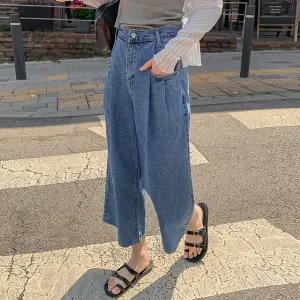 커버7부데님 여름신상 핀턱 하체커버 와이드7부 청바지