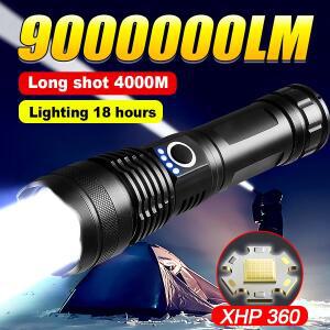 900000LM 강한 빛 손전등 합금 XHP360 LED 전술 토치 충전식 스포트 라이트 야외 낚시 캠핑 램프