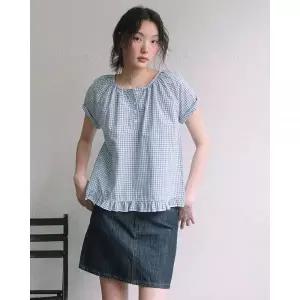 해비즘 HAVISM CHECK HENLEY NECK BLOUSE SKY BLUE