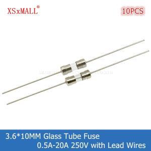 10개입 3.6x10mm 고속저속 유리관 퓨즈 리드선 포함 0.5A 1A 2A 3A 3.15A 4A 5A 6.3A 8A 250V
