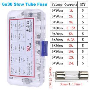50개 10값 6x30mm T1A-T15A 느린 블로우 유리관 퓨즈 모듬 키트