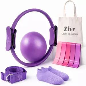 Zivr 홈 필라테스 운동 키트 - 여성용 세트 및 전신 토닝 15인치 링 볼 저항 밴드가 있는 액세서리 미끄럼