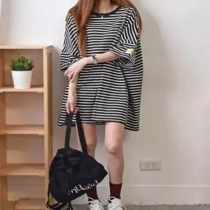 티셔츠 오버핏 롱 오부반팔티 단가라 롱반팔티 2색 단가라반팔티 칠부반팔티