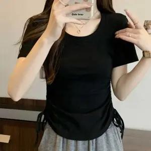 셔링반팔티 데일리룩 얇은반팔티 스트링 반팔 슬림핏반팔 크롭반팔티 셔링반팔