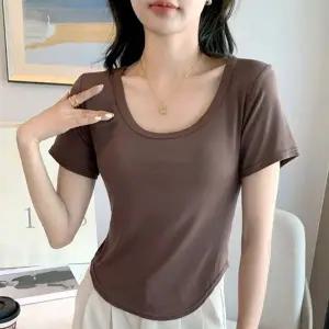 반팔티셔츠 여성반팔 봄여름 U넥 얇은 여성티셔츠 U넥티셔츠 라운드반팔티
