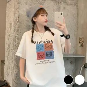 곰돌이 프린팅 오버핏 반팔 티셔츠 여자 반팔티 여성 크롭티 여자반팔면티 롱티셔츠 여름