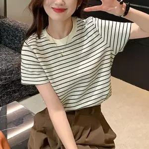( )스트라이프 단가라 줄무늬 반팔 티 여성 여름 티셔츠 반팔티 기본 이너 여자반팔티
