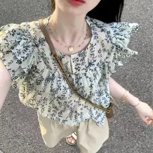 은창블루 트리 프론트 버튼 반팔 티셔츠 봄 여름 가을 상의 여름 퍼프 반팔 상의 티셔츠 셔츠 비치 휴가