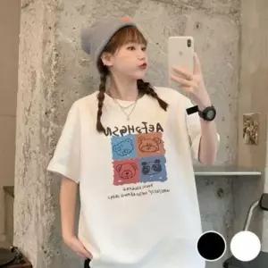 여자 반팔티 여성 여자반팔면티 롱티셔츠 여름 여자 반팔티 티셔츠 프린팅 곰돌이 반팔 오버핏 크롭티