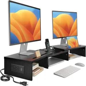 Huanuo 듀얼 모니터 스탠드 - USB 포트가 있는 길이와 각도 조절 가능 데스크탑 소켓이 라이저 PC 컴퓨터