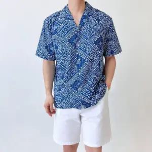 바캉스 비치 남자 에스닉 오버핏 반팔 블루 남방 셔츠