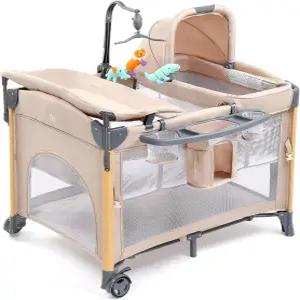 JOYMOR 7 in 1 침대 옆 요람 교체 테이블 올인원 보육 센터 매트리스 시트 캐노피 수납 선반 베이지