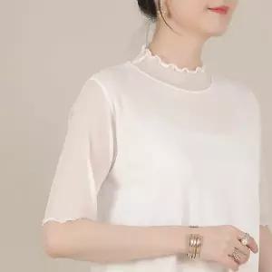 [하프클럽/] 엄마옷 망사 시스루 셔링 반목 하이넥 여성 여름 반팔 이너 블