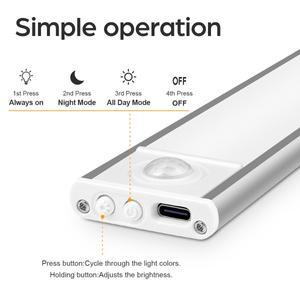 고용량 배터리 USB 충전식 LED 라이트 바 알루미늄 모션 센서 마그네틱 스트립 계단 옷장 캐비닛 야간 램