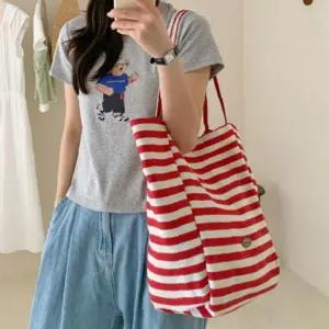 빨강 흰색 줄무늬 양면 리버시블 에코백 캔버스 천가방 데일리 여성 숄더백 장바구니