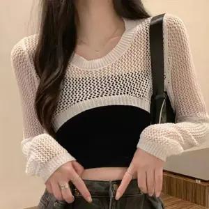 그물 긴팔 니트 휴양지룩 크롭기장 원피스 레이어드 크롭 티셔츠 여름 반팔 스퀘어넥 그물 망사 니트 카라
