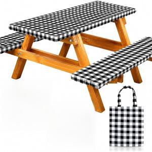 벤치 커버와 가방이 테이블보 야외 6피트 RNOONY 장착 RV 방수 기어 있는 캠핑카는 비닐 방풍 테이블 세트 커버 4개 탄력적입니다 72X30인치 캠핑용 블랙 가장자리가 필요합니다