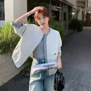 베이지 여사친 캐주얼 아우터 체크 봄가을 라운드 자켓 점퍼 데일리 DUCHI1