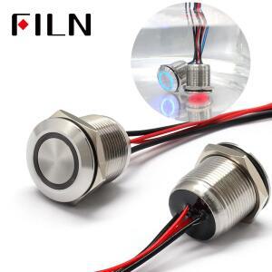 FILN 19MM 12V 삼색 IP68 방수 플랫 라운드 순간 푸시 버튼 스위치 금속 스테인레스 스틸 와이어 포함