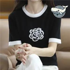 ( )여성 여름 블랙 플라워 니트 티셔츠 배색 여성 티 여름 썸머 넥 여자 라운드 니트 반팔