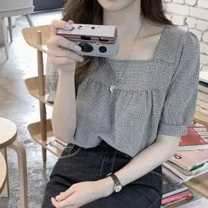 체크 여자 반팔 티셔츠 스퀘어넥 여름 셔링 반팔티 여성 반팔티 셔츠 여름 여자