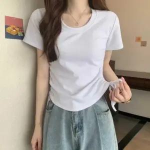 여자여름티셔츠 반팔티셔츠 여성여름티예쁜면티 흰 청바지 라운드 여름 여자 넥 코디