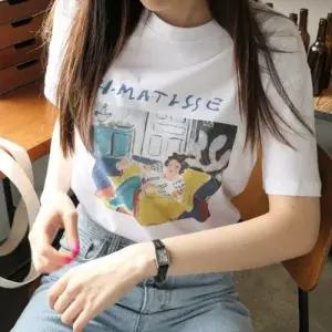 ( )여성 여름 프린팅 라운드넥 면 반팔 티셔츠