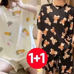 (선택 블랙베어+클로버래빗)반바지 세트 여성 여름 2개 블랙베어 토끼 잠옷 반팔 여성여름잠
