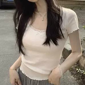 데일리티셔츠 아일렛 여름 반팔티 U넥 여자 여자상의 프릴 여름티셔츠