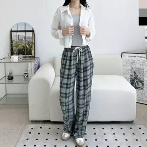 여성여름바지 여자바지 밴딩 여름 팬츠 쿨소재 여성 와이드 체크 바지