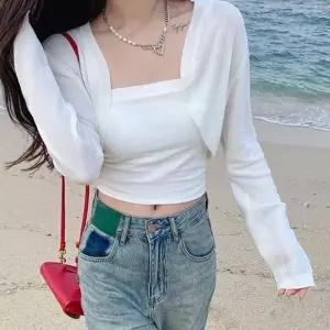 여성 크롭 스타일 여름 햇빛 차단 여리여리 볼레로 긴팔 미니 카디건 봄 여름 반팔 가디건 루즈핏