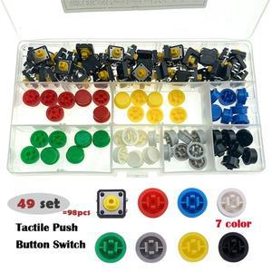 49set 촉각 푸시 버튼 스위치 순간 접점 12x12x7.3mm 마이크로 노브 포함 노란색 녹색 빨간색 키트 98PCS