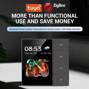TUYA 지그비 스마트 벽 스위치 터치 스크린 4 그룹 8 방향 장면 레이더 센서 디밍 커튼 커튼 홈 3.5 인치