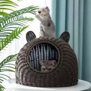 고양이 라탄패턴 숨숨집(38cm) (커피)