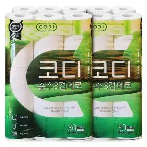 코디 롤화장지 순수 3겹 데코 30롤, 2개 두루마리휴지