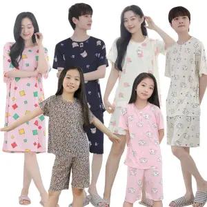 아동 피치 반팔 반바지 여름 잠옷 세트 쿨 냉감 스판 여성 남성 빅사이즈 커플 키즈 주니어 학생 가족 시원한 여아 남아 원피스