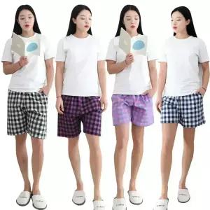 여성 큰체크 3부 5부 잠옷 바지 슬레진저 면 여자 파자마 주머니 반바지 홈웨어 하의