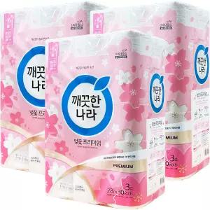 깨끗한나라 벚꽃 프리미엄 3겹 28m 30롤 3팩 (90롤)