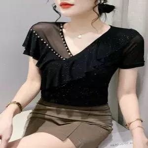 라인댄스복 댄스티 스팽글 줌바 반팔 여성댄스복 상의 브이넥