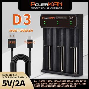 POWERKAN D3 배터리 충전기는 1~3pcs 3.7V 리튬 이온 충전할 수 있으며 18650 26650 무선 호환됩니다. 컴팩