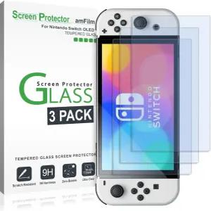 닌텐도 스위치 OLED 7.0 2021(3팩)과 호환되는 암필름 강화 유리 스크린 프로텍터