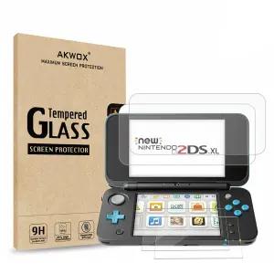 AKWOX 4팩 강화 유리 상단 LCD 화면 보호기 새로운 닌텐도 2DS XL에 호환되는 HD 클리어 크리스탈 버튼